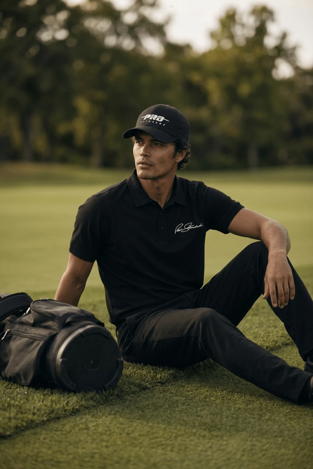 Model in the black signature polo and cap seated on the green