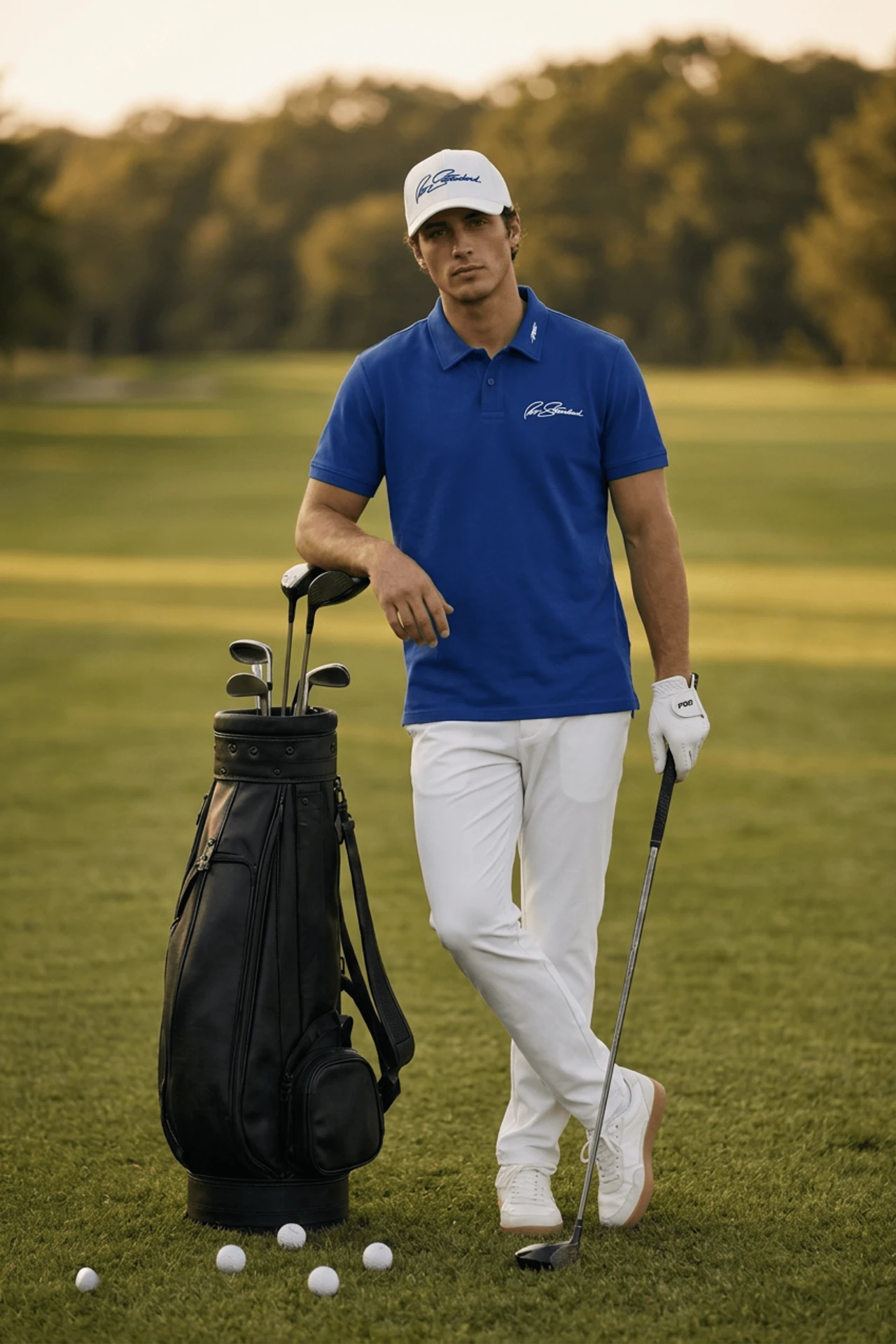 Model in the royal blue signature polo beside a golf bag