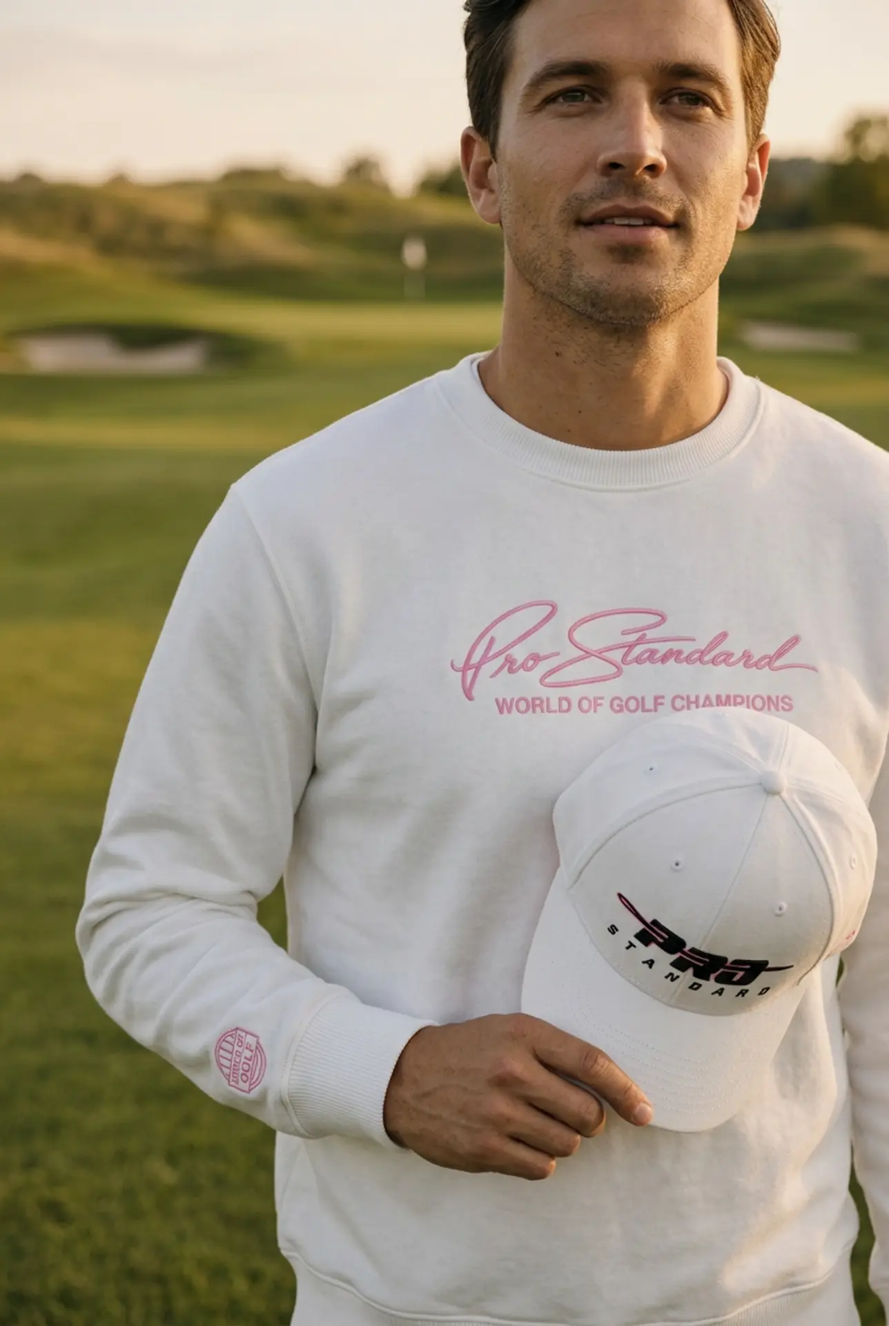 Model in the white World of Golf Champions crewneck holding a Pro Standard cap