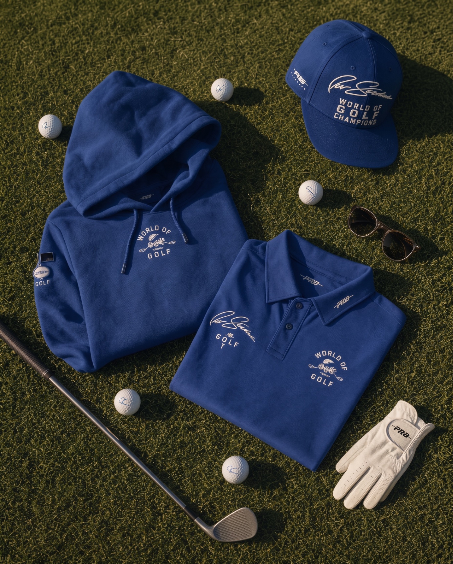 Pro Standard World of Golf hoodie, polo, cap and glove laid out on the green