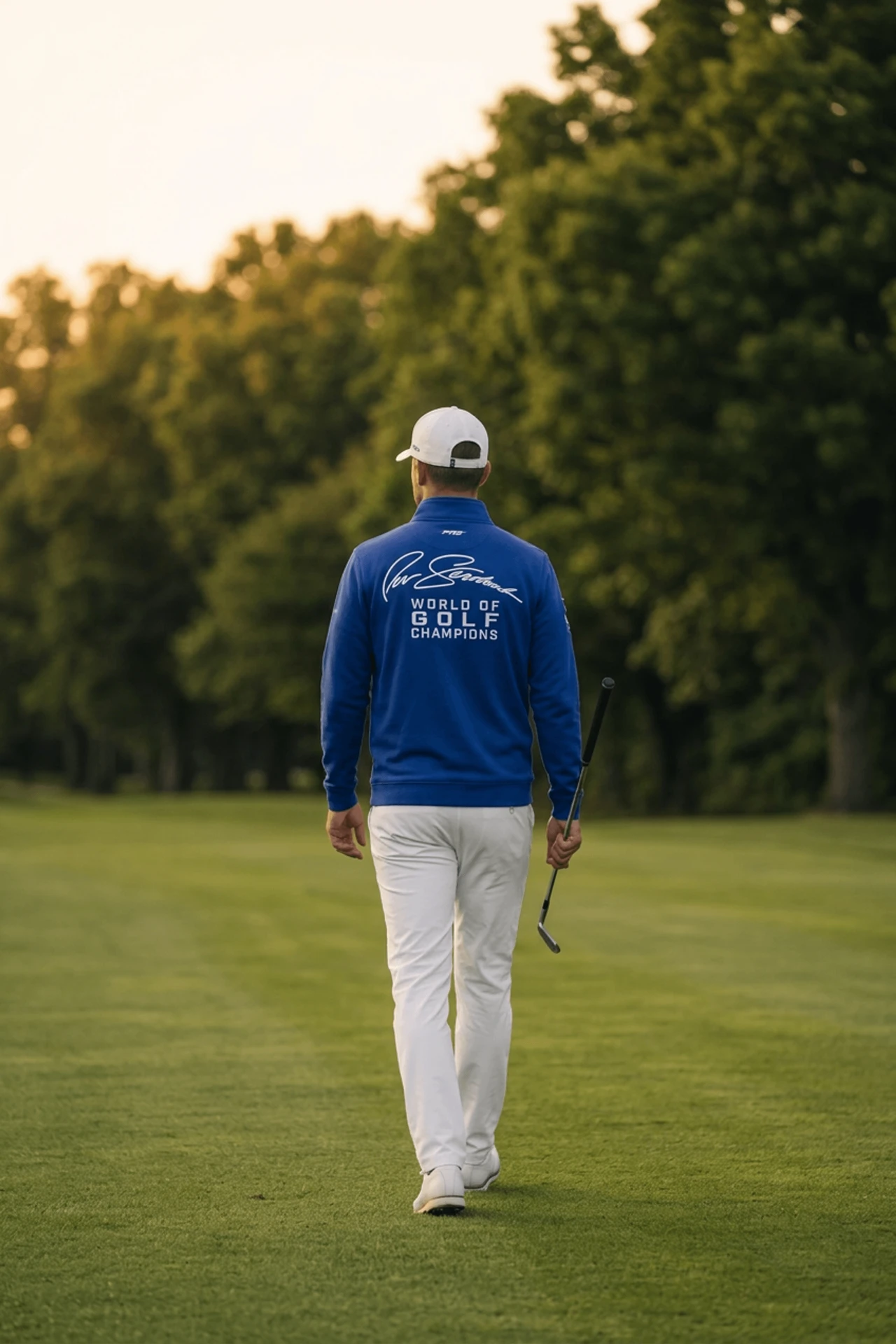 Back of the royal blue World of Golf Champions quarter-zip walking the fairway