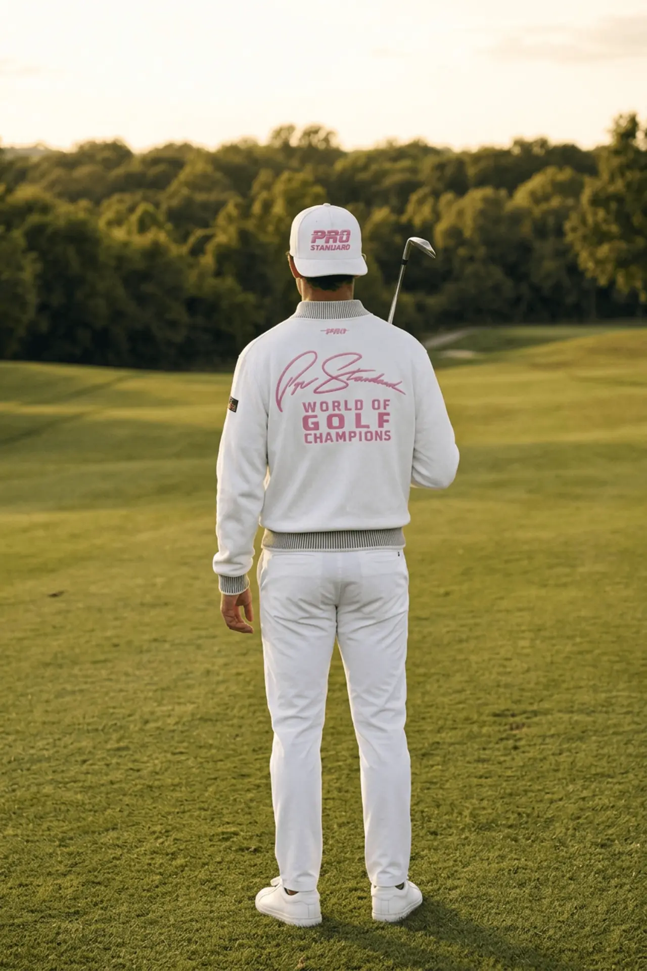 Back of the white World of Golf Champions crewneck on the fairway
